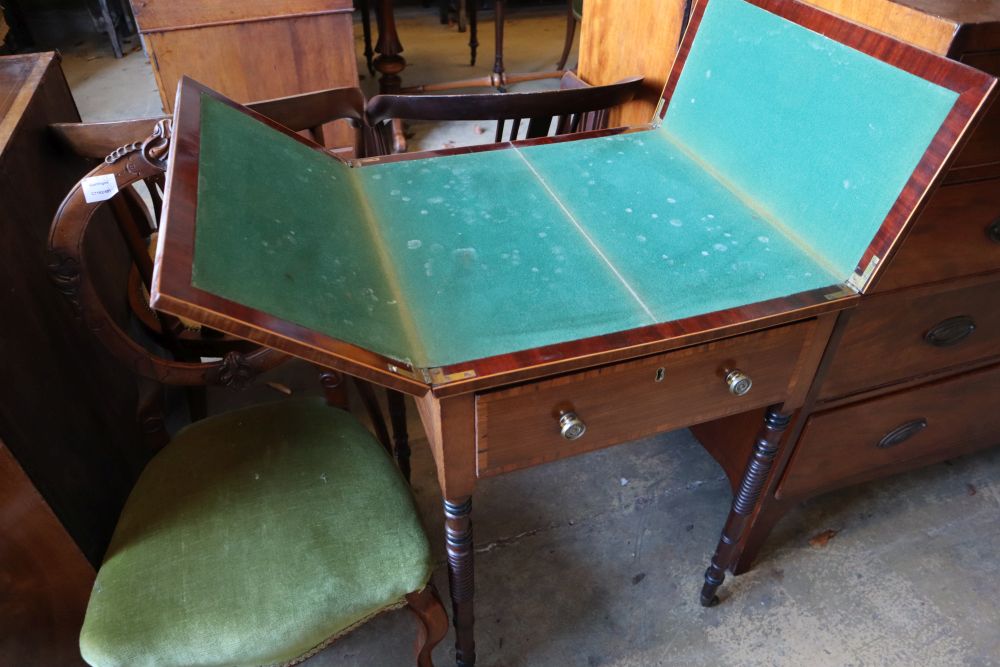 A Regency mahogany and rosewood banded patience table, on ring turned legs, width 83cm